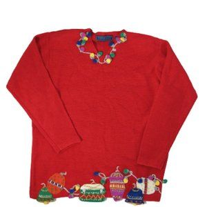 Christmas Sweater Karen Scott NEW! Red w/Ornaments Party Holiday Festive